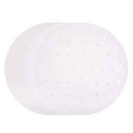 QUARKZMAN 100 Stück Air Fryer Liner 10 Zoll Runde Bambusdämpfer Liner mit Löchern Antihaft Perforiertes Pergamentpapier Blätter Einweg Dämpferpapier für Air Fryers Dämpfkorb, Weiß