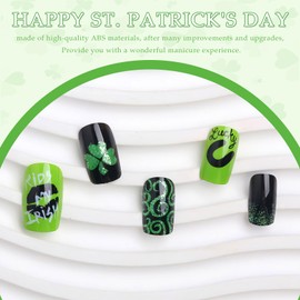 BFY Green Shamrock Press on Nails Medium Square St. Patrick's Day Fake Nails for Women, Green Glitter Clover Leaf Lips Acrylic Nails Kit, Glossy Gel False Nails Irish Day Nail Decorations 24 Pcs