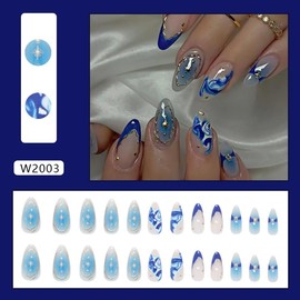 LBPEPAMZ 24Pcs Blue Ombre Press on Nails Medium Almond Fake Nails with 3D Gold Round Design Waves Stars Full Cover Glossy False Nails Blue French Tip Acrylic Stick on Nails Glue on Nails for Women