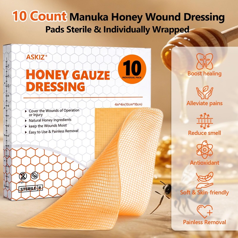 10 Pack Honey Wound Dressing,4'' x 4''Manuka Honey Gauze Dressing,Non-Stick
