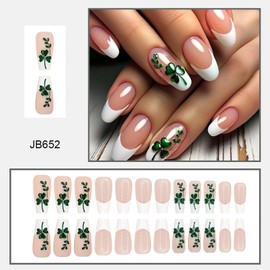 TBRZTR St. Patrick's Day White French Tip Press on Nails Medium Shamrock Design False Nails Nude Stick on Nails Full Cover Artificial Nails Holiday Acrylic Press Nails 24Pcs Glue on Nails for Women