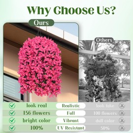 Siyaluens 4Pcs UV Resistant Artificial Flowers for Outdoors, Realistic Faux Silk Bougainvillea Flowers, Fake Hanging Plants for Porch Patio Balcony Decoration (Rose Red)