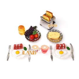 iLAND Miniature Dollhouse Accessories of Dollhouse Kitchen, Miniature Food Set fits Dollhouse Dining Room & Dollhouse Kitchen Furniture (Lover Breakfast 16pcs A)
