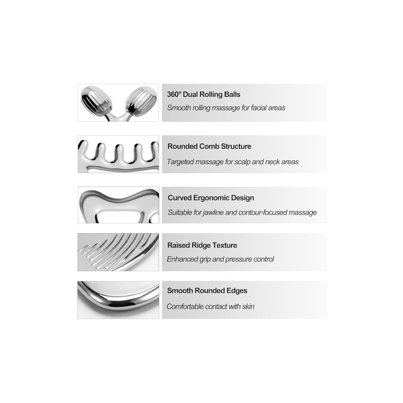 Gua Sha Facial Tools & Face Roller Set, Stainless Steel