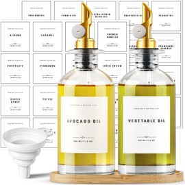 GIXSEGIE Olive Oil Dispenser Bottle with Bamboo Tray, w.Metal Pour Spout, Coffee Syrup Dispenser, Olive Oil Cruet Cooking Oil Dispenser for Kitchen