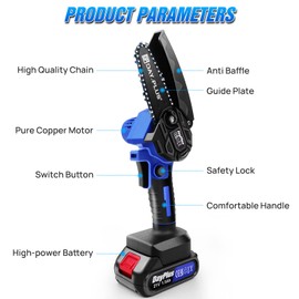 Cordless Chainsaw 6 Inch Powered Chainsaw with 1 Battery 2 Chains Portable Handheld Electric Pruning Chain Saw for Cutting Gardening Logging Trimming Tree and Wood 21V