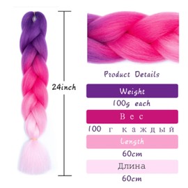 2 Packs of Colored Braids Hair Extensions Braid Synthetic Fiber 3 Tone Colored (purple-Rose pink-pink)