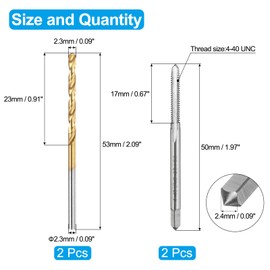 QUARKZMAN Tap Set, 2 Pieces 4 40 UNC Straight Groove Tap and 2 Pieces 2.3 mm Twist Drill, Uncoated/Titanium Coated HSS 6542 Machine Tap Set