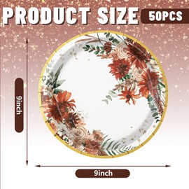 AnyDesign 50Pcs Fall Floral Paper Plates 9 Inch Gold Foil Disposable Dinner Plates for Autumn Thanksgiving Harvest Party Supplies