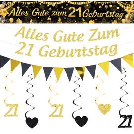Xietaea 21st Birthday Decoration Man Woman - Black Gold 21 Birthday Decoration Banner Garland and Bunting, Hanging Swirls and Birthday Banner for 21 Year Party Decoration