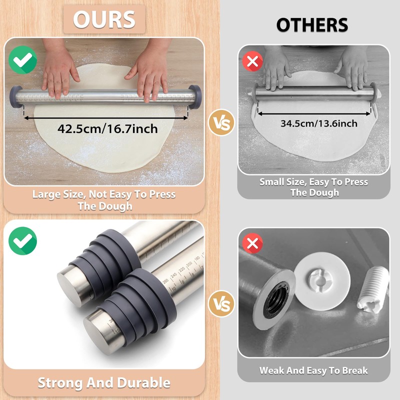 Adjustable Rolling Pin with Thickness Rings for Baking -Non Stick