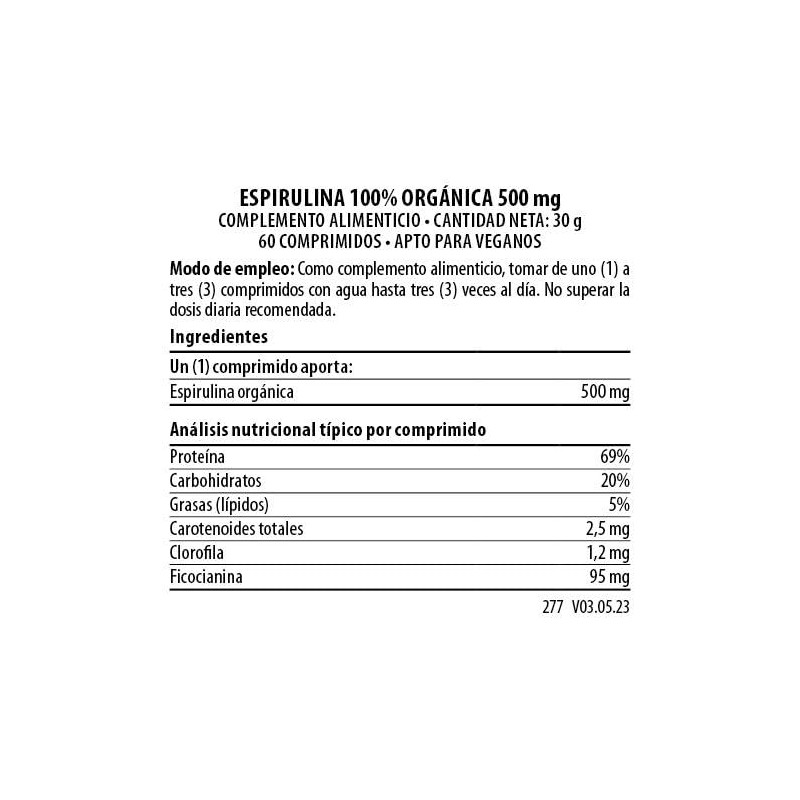 Spirulina 500mg 60 excipient-free tablets, Organic