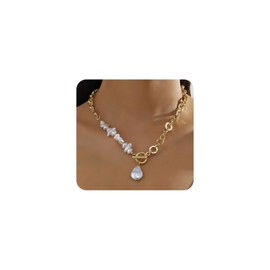Y2k Big Pearl Chunky Necklace for Women Boho Irregular Baroque Pearl Y Pendant Necklaces Dainty Statement Jewelry (B)