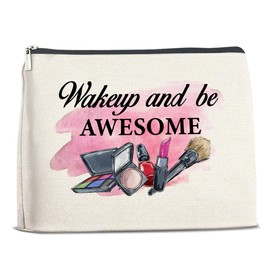 FYDHQSS Inspirational Gifts for Women Makeup Bag, Positive Gift for Female Friends Mom Daughter Aunt Sister Nurse Cosmetic Travel Bag, Wake Up and Be Awesome Zipper Toiletry Pouch for Purse