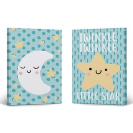 Smile Art Design Twinkle Twinkle Little Star Lettering Star Blue Background 2 PIECE CANVAS PRINT SET Kids Room Decor Wall Art Baby Boy and Girl Room Decor Ready to Hang Made in the USA (12x8) x2