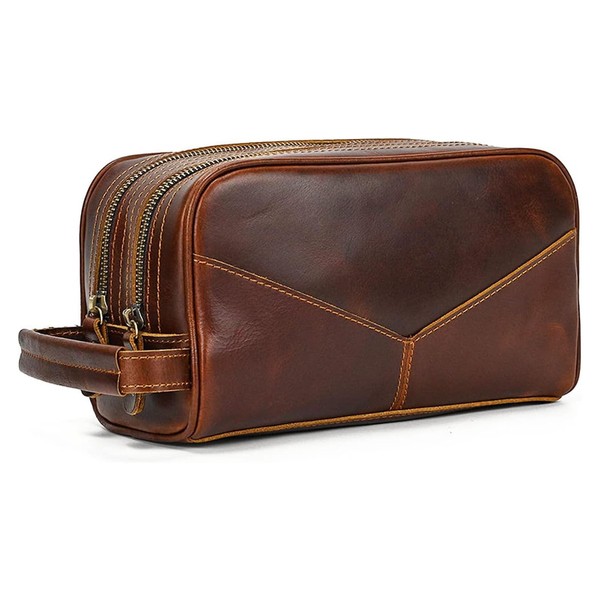 AGDHERSNVX Toiletry Bag for Men Women,Full Grain Leather Handcrafted Vintage Travel Dopp Kit,Leather Toiletry Travel Pouch,Large Cosmetic Shaving Bag，Fully Lined with Cotton Fabric, Coffee, Non-customized