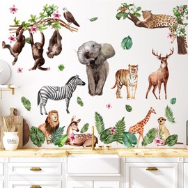 Safari Animal Wall Stickers Jungle Animal Wall Decals Tropical Leaf Tiger Lion Elephant Zoo Animals Wall Decals Wild Animal Wall Stickers for Kids Room Bedroom Nursery Decor