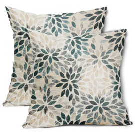 Teal Dahlia Throw Pillow Covers 18x18 Inch Rustic Geometric Flower Decorative Square Pillow Cases Beige Tan Gray Floral Cushion Covers Farmhouse Home Decor For Sofa Bedroom Couch Outdoor Set of 2