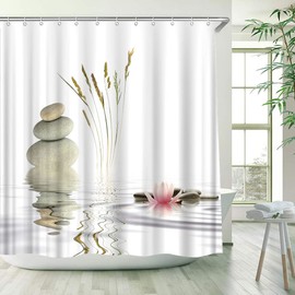 WUASDCS Asian Zen Stone Shower Curtain Lotus Flower Wild Grass Water Reflection Spa Simple Japanese Themed Design Bathroom Decor Fabric Curtains with Hook 70Wx70H Inches