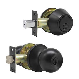 Probrico Flat Black Double Cylinder Handleset Combo Pack Keyed Alike Entry Knobs with Deadbolts Exterior Hardware for Outside Gate and Front Door 1 Pack