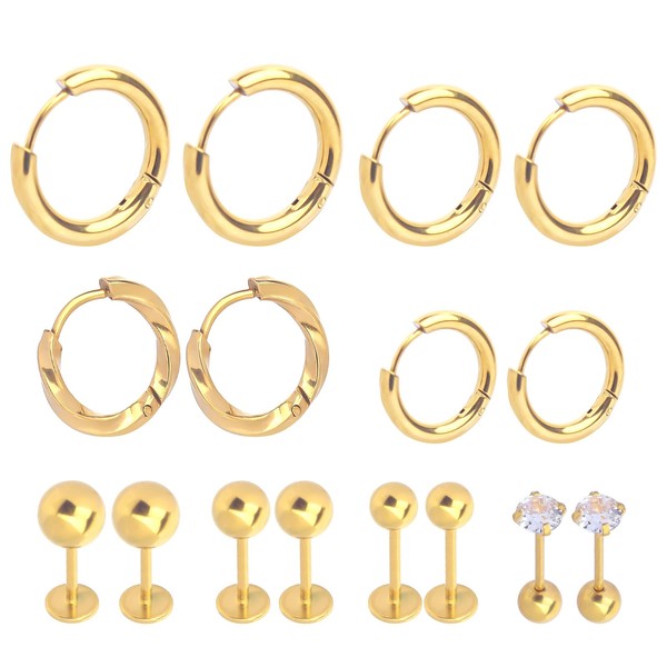 Mini Gold Huggie Hoop Earrings, 8 Pairs Small Stud Earrings