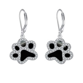 Paw Print Earrings Sterling Silver Leverback Dog Paw Earrings Black Onyx Puppy Paw Drop Dangle Earring for Women