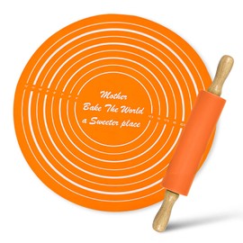 BangBoom Silicone Rolling Pin Backing Mat Set, 13" Dough Roller with Non Stick Pastry Sheet, Small Fondant Roller Round Kneading Mat for Bread Cookie Pie Pizza Sourdough Kitchen (Orange)