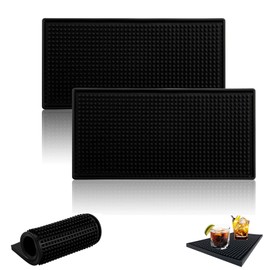 Set of 2 Bar Service Mat, 15 x 30 cm Bar Mat, Dish Drying Mat, Rubber Mat, Non-Slip Draining Insulated Mat, Rubber Drip Mat, Tableware for Bar, Club, Kitchen, Café, for Draining Stand, Black