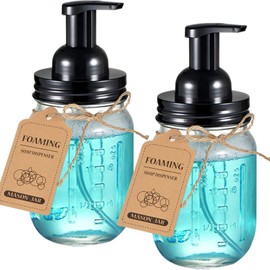 Mason Jar Foaming Soap Dispenser - Rustproof Stainless Steel Mason Jar Lid and Foaming Soap Pump,Best Hand Foam Soap Dispenser Glass for Bathroom Vanities or Kitchen Sink,Countertops - Black (2 Pack)