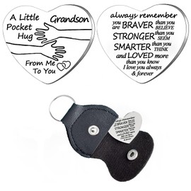 Nfyxcaz Pocket Hug Token Long Distance Gifts for Family Relationship Keepsake Keyring Double Sided Gifts with PU Leather Keychain (pocket hug for grandson)