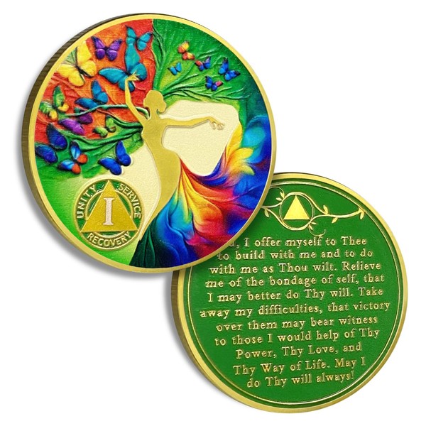 1 Year Sobriety Chip Butterfly Tree of Life AA Coins
