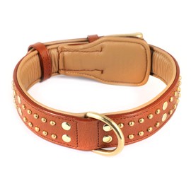 Monkimau Leather Dog Collar with Rivets Padded Adjustable (M: 35 mm x 55 cm)