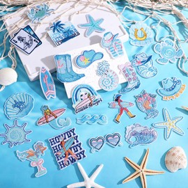 Zeyune 72 Pcs Coastal Cowgirl Iron on Patches Bulk Summer Ocean Embroidered Iron on Hat Patch Blue Beach Holiday Applique Sew on for Trucker Hat Backpack Clothes Shirt Jeans DIY Craft