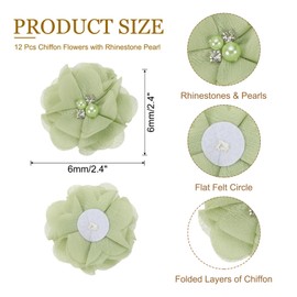 PATIKIL 2 Inch Chiffon Flowers, Pack of 12 Rhinestone Beads, Sewing Fabric Flowers, Artificial Appliques, Embellishments for Clothing, Wedding, DIY, Crafts, Headbands Decor, Green