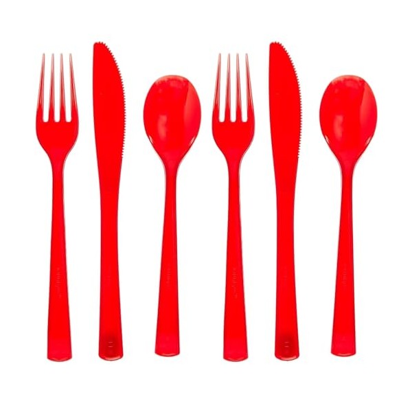 Unique UK 39484 Assorted Plastic Reusable Cutlery Set 18 Pcs, Ruby Red, Pack of 18