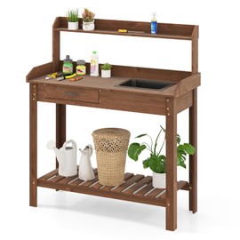 Giantex Wood Potting Bench Table, Garden Work Bench Station w/Removable Sink, Storage Shelves & Drawer, Solid Wood Construction, Outdoor Workstation Table for Porch, Patio, Backyard (Brown)