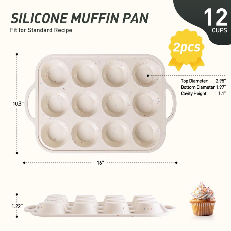 2 Packs 12 Cups Silicone Muffin Pan with Metal Reinforced