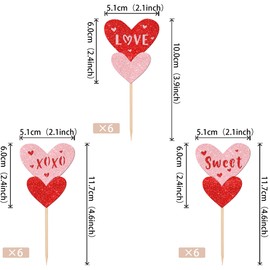 24 piezas de decoración para magdalenas para el día de San Valentín, color rojo y rosa con purpurina dulce para decoración de pasteles de corazón de doble amor, decoración para bodas, compromisos,