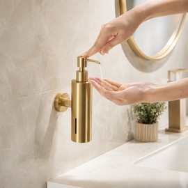 250ML Soap Dispenser for Bathroom - Wall-Mounted Brushed Stainless Steel Manual Pump for Hotel, Kitchen and Restroom Use Gold