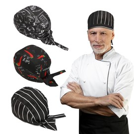 3 Packs Professional Head Scarf for Men and Women - Chef Gorro de para Hombre Cooking Skull Caps, Cook Hats, for Bandana Scarves Cover, Ribbon Kitchen Catering Turban Cap Multi