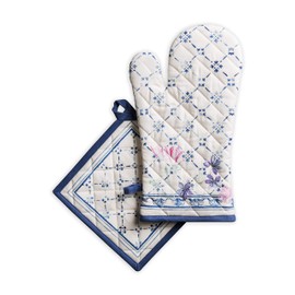 Maison d' Hermine Guantes de horno + soportes para ollas, 100% algodón, resistentes al calor, guantes de horno (7.5 x 13 pulgadas) y almohadillas para orejas calientes (8 x 8 pulgadas) para cocinar barbacoa, hornear, faience, primavera/verano