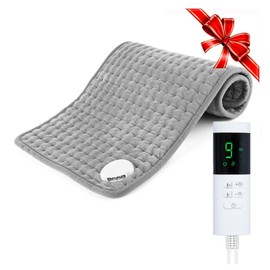 Heating Pad 60 x 30 cm, Heat Pad with Automatic Shut-Off, Safety Electric Heating Mat for Back, Neck, Shoulder, Belly and Legs, 9 Temperature Levels & 4 Timers, Machine Washable, Light Grey