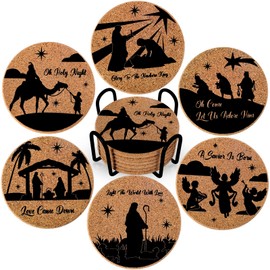 Whaline 6Pcs Christmas Cork Coasters with Holder Xmas Nativity Scene Round Farmhouse Coasters Holy Jesus Birth Heat-Resistant Cup Mats for Wooden Table Protection Winter Party Home Kitchen Supplies