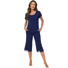 WiWi - Conjunto de pijama para mujer, ropa de dormir de verano, suave, pantalones capri, pijama de viscosa de bambú S-XXL, C-azul marino , XX-Large