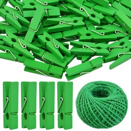 BronaGrand 50pcs Small Wooden Clips Tiny Picture Photo Pegs Clothespins Decorative Craft Wood Clips with 50 M Jute Twine for Photo Display Picture Hanging Home Art Crafts Decor, Green