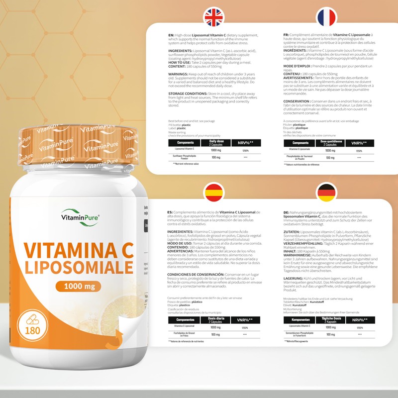 Liposomal Vitamin C 1000 mg, 180 Vegan Capsules with Sunflower