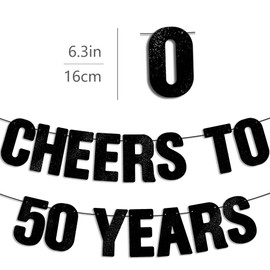 Pre-Strung Cheers to 50 Years Banner - Black Glitter, Happy 50th Birthday Decorations for Men/Women, 50 Year Old Bday Sign, 50th Wedding Anniversary Party Decorations for Him/Her
