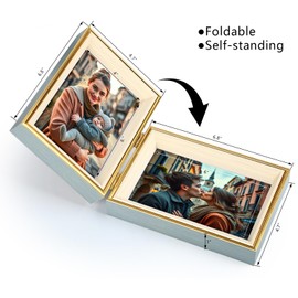 Epecfan Picture Frame Double Hinged Picture Frames Vertical and Horizontal stand on Desktop Folding Photo Frame with Plexiglass for Tabletop Display(BlueGolden,4x6-6x4)