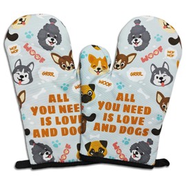 GOSJINNK 2 Pcs Funny Dogs Oven Mitts All You Need is Love and Dogs Heat Resistant Kitchen Mitts Silicone Non-Slip Oven Mitts Kitchen Gift for Women Novelty Birthday Gift for Hostess Friend Dog Lover