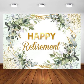 Withu Happy Retirement Backdrop for Men Women Green Leaves Gold Foliage Wreath Retire Congrats Party Decorations Banner Photoshoot Background 7x5ft